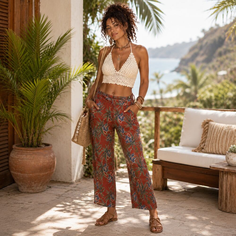 Moon River Linen Blend Tropical‎ Pants, Ankle Length Size M